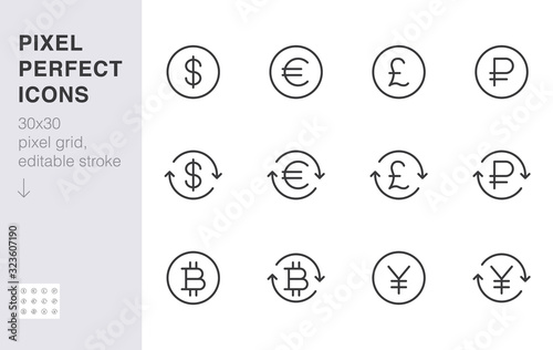 Currency exchange line icon set. Dollar, euro, pound, russian ruble, yen, bitcoin minimal vector illustration. Simple outline money sign for financial application. 30x30 Pixel Perfect Editable Stroke photo