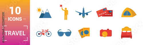 Travel icon set. Include creative elements compass, aircraft, taxi, credit card, sun and mountains icons. Can be used for report, presentation, diagram, web design