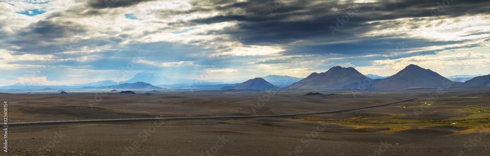 Panorama Beautiful landscape of mountain Modrudalur with mount Herdubreid in Iceland, Summertime