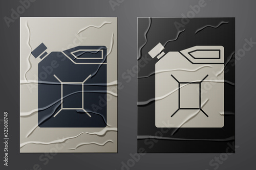 White Canister for gasoline icon isolated on crumpled paper background. Diesel gas icon. Paper art style. Vector Illustration