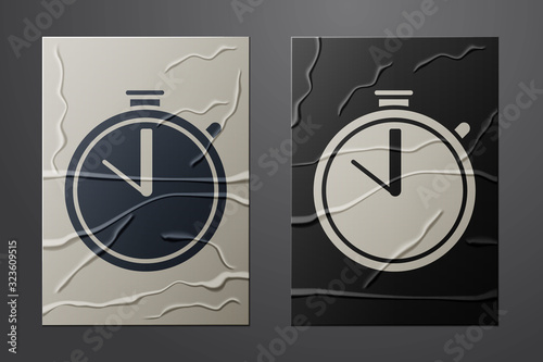 White Stopwatch icon isolated on crumpled paper background. Time timer sign. Chronometer sign. Paper art style. Vector Illustration