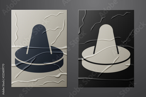White Mallet and puck for playing air hockey game icon isolated on crumpled paper background. Paper art style. Vector Illustration