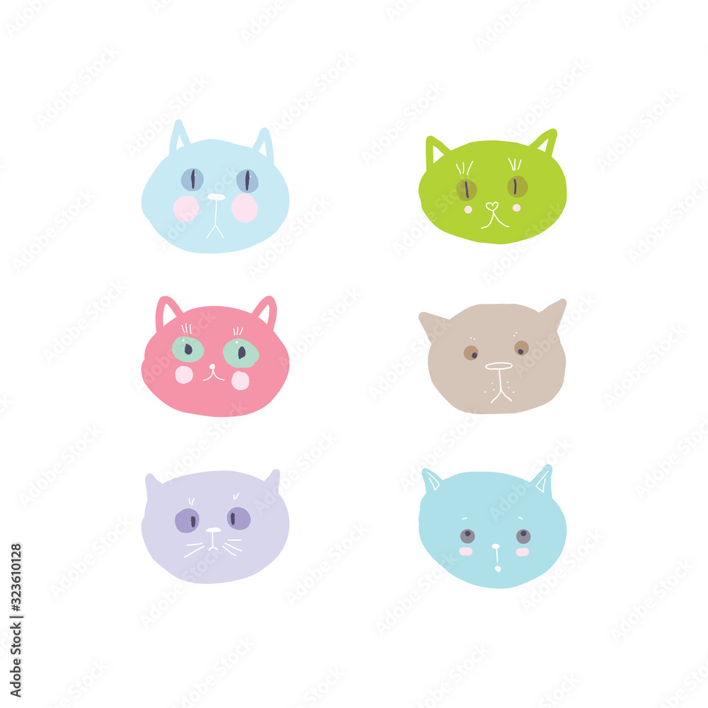 card design funny cats face, pastel colors isolated on white background. simple sketch ornament, Can be used for greeting card, frame for your text. Vector