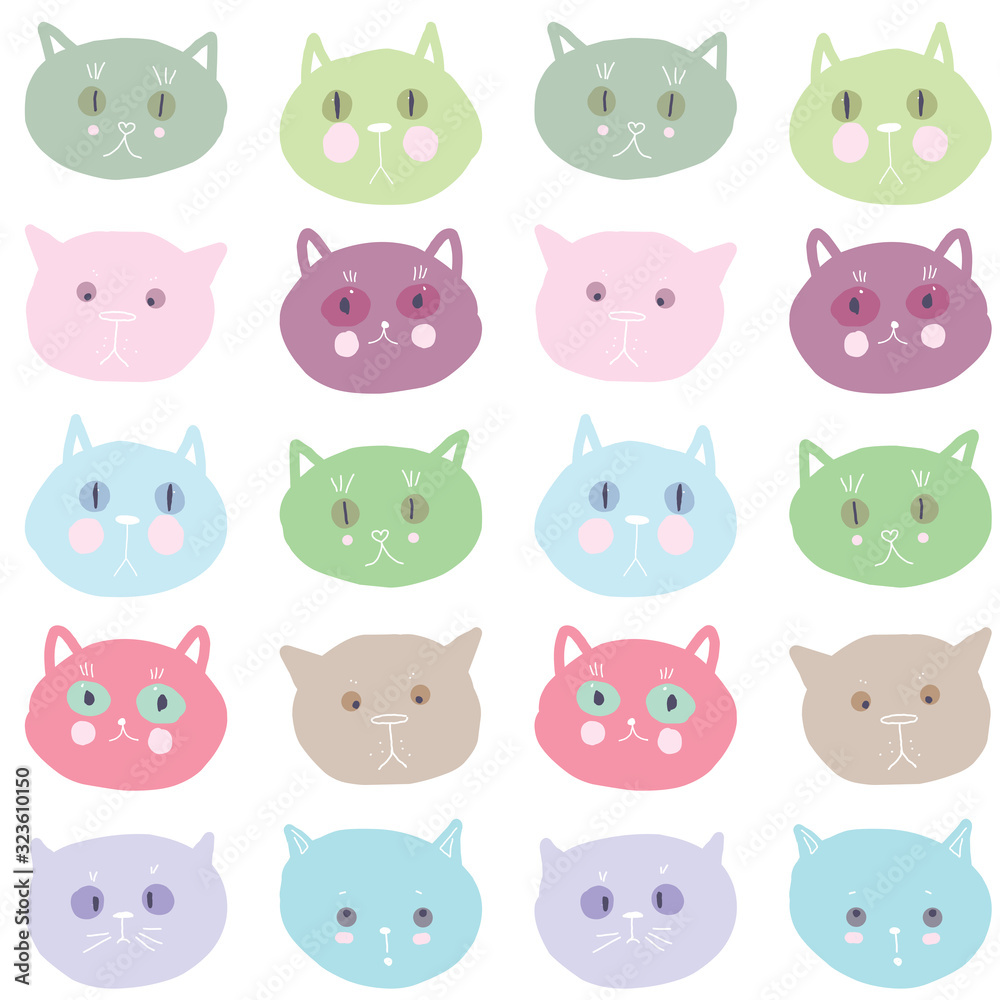 Seamless pattern funny cat face pink lilac blue green gray pastel colors isolated on white background. simple ornament, Can be used for Gift wrap, fabrics, wallpapers. Vector