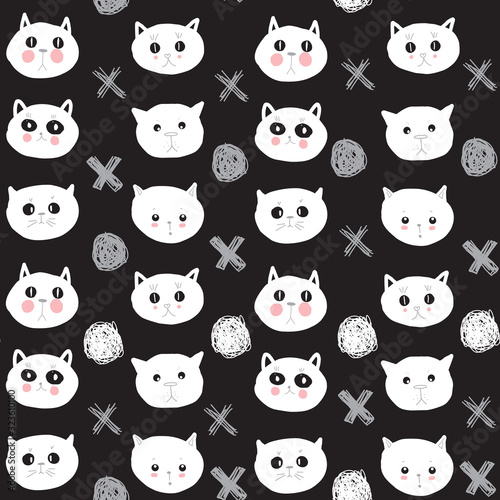 Seamless pattern funny white cat face on black background. simple ornament, Can be used for Gift wrap, fabrics, wallpapers. Vector
