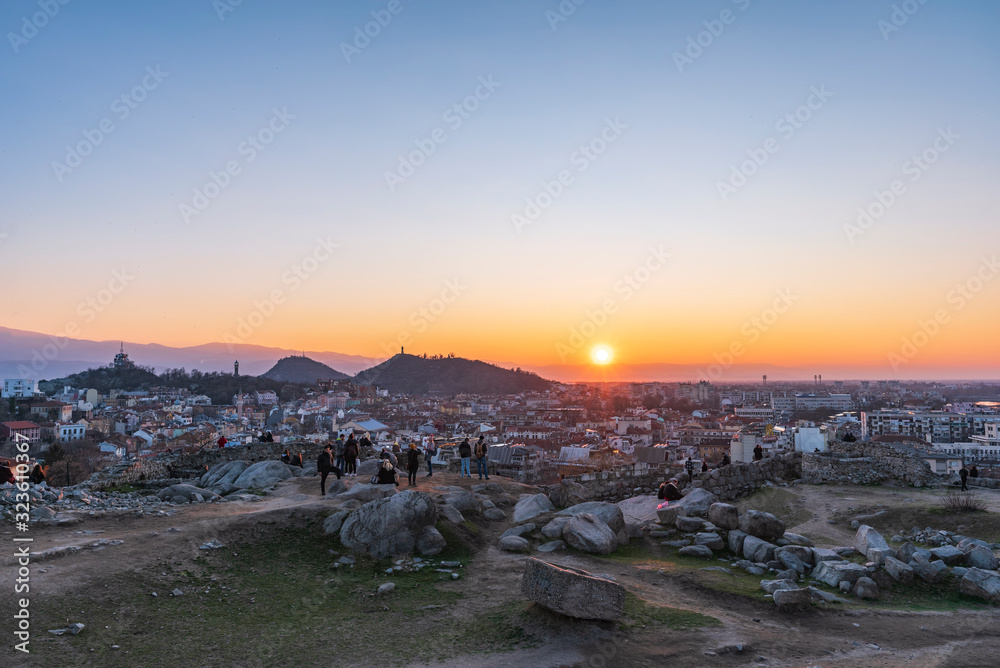 Φωτογραφία Plovdiv / Bulgaria - February 16 2020: People watching sunset from Nebet tepe Hi