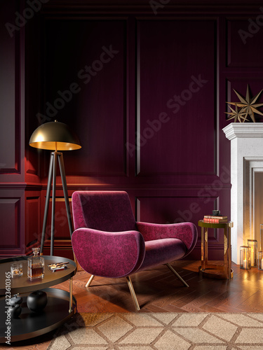 Classic purple interior with armchair, fireplace, candle, coffee table, floor lamp, carpet. 3d render illustration mock up.