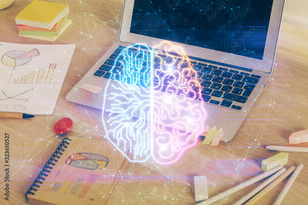 Multi exposure of work table with computer and brain hologram. Brainstorm concept. Multi exposure of work table with computer and brain hologram. Brainstorm concept.