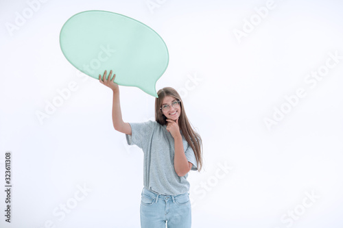dreamy young woman with a speech bubble. © ASDF