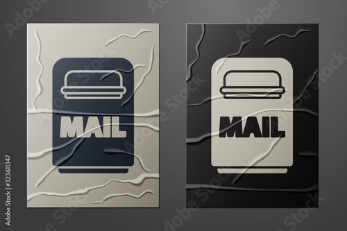 White Mail box icon isolated on crumpled paper background. Mailbox icon. Mail postbox on pole with flag. Paper art style. Vector Illustration
