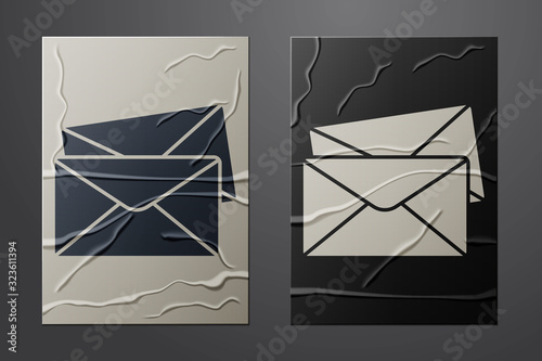 White Envelope icon isolated on crumpled paper background. Email message letter symbol. Paper art style. Vector Illustration