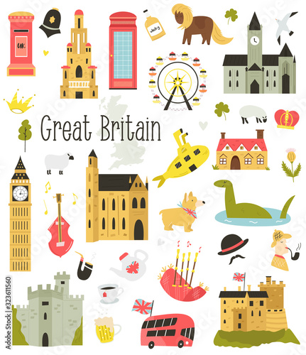 Big bundle of icons of United Kingdom symbols