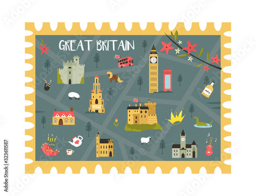United Kingdom postal card with landmarks, symbols