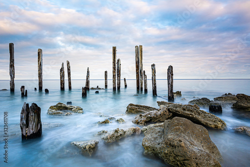 Port Willunga morning, jetty ruins and swirling waters, Fleurieu Peninsula, South Australia.