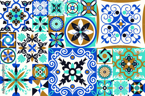 Seamless patchwork tile with Victorian motives. Majolica pottery tile, blue and white azulejo, original traditional Portuguese and Spain decor. vector