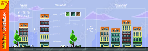 Amsterdam house constructor. Front view. Contains tree, bushes, car, bike rider and color palettes. Use module elements to build your own design of poster, banner, postcard, etc.