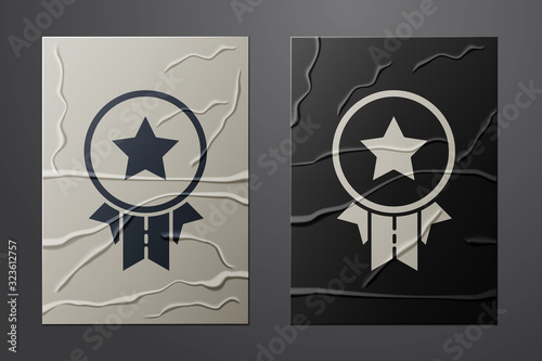 White Medal with star icon isolated on crumpled paper background. Winner achievement sign. Award medal. Paper art style. Vector Illustration