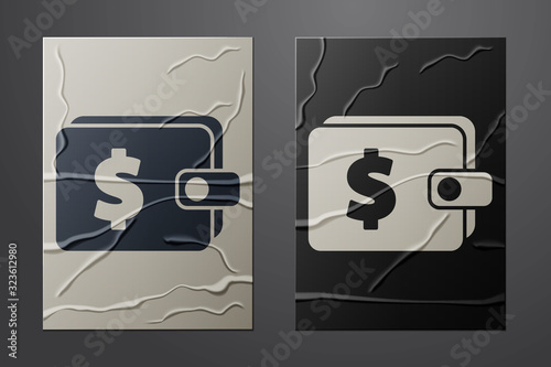 White Wallet with dollar symbol icon isolated on crumpled paper background. Purse icon. Cash savings symbol. Paper art style. Vector Illustration