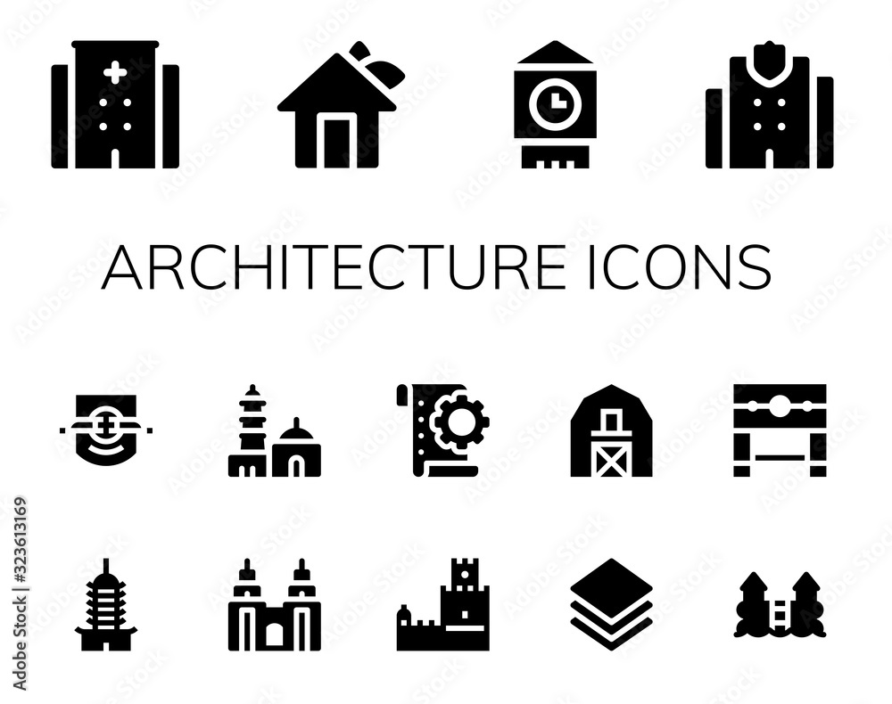 Naklejka premium Modern Simple Set of architecture Vector filled Icons