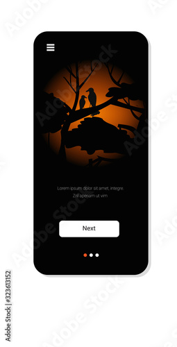 birds silhouettes sitting on branch escaping from fires in australia animals dying in wildfire bushfire natural disaster concept intense orange flames smartphone screen mobile app vector illustration