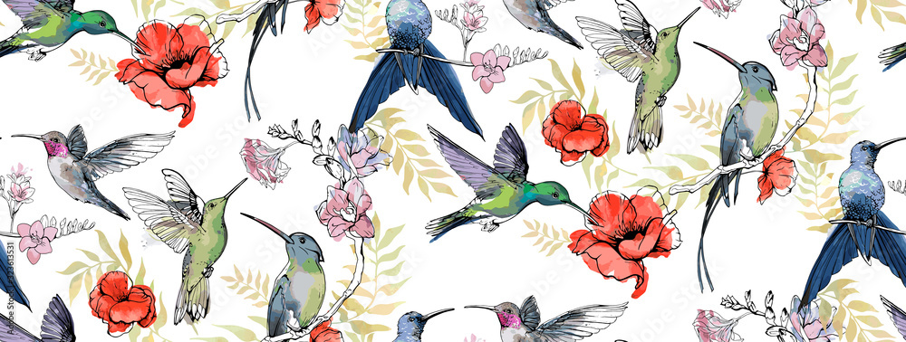 Obraz Wzór z kwiatowymi elementami romantycznymi, ręcznie rysowane colibri dla swojego projektu. Niekończące się tekstury, szkic kolibry, akwarela kwiaty, izolowana na białym tle. Ilustracja wektorowa.