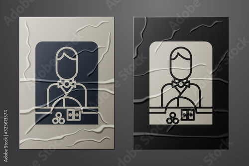 White Casino dealer icon isolated on crumpled paper background. Casino croupier. Paper art style. Vector Illustration