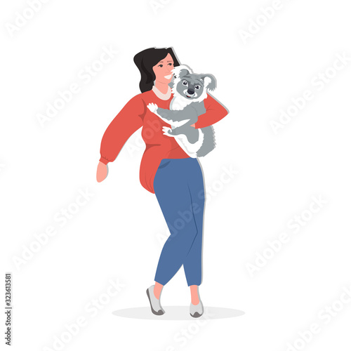woman holding koala save koalas from fires pray for australia help of volunteers donations bushfire natural disaster concept full length vector illustration