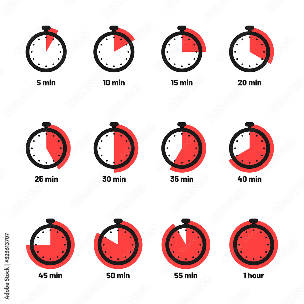 Set of timer and stopwatch icons. Kitchen timer icon with different