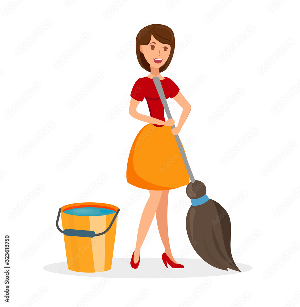 Fototapeta premium Wife with Cleaning Tools Flat Vector Illustration. Smiling Housewife Washing Floor. Bucket of Water and Broom, Mop. Cleaning Service, Domestic Chores, Cleanup, Routine Activities about House