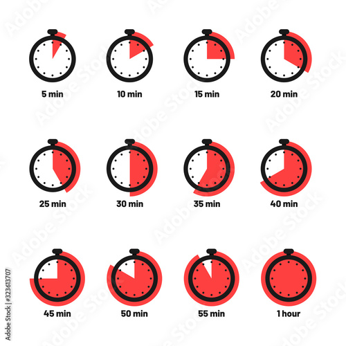 Set of timer and stopwatch icons. Kitchen timer icon with different minutes. Cooking time symbols and labels
