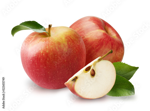 Beautiful two red apples with apple leaves and apple slice isolated on white background.