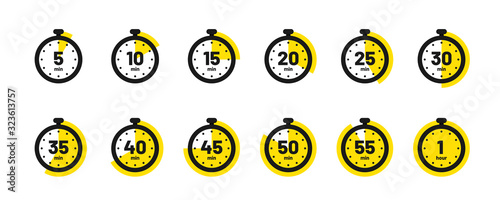 Set of timer and stopwatch icons. Kitchen timer icon with different minutes. Cooking time symbols and labels photo