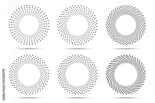 Halftone circular dotted frames set. Circle dots isolated on the white background. Logo design element for medical, treatment, cosmetic. Round border using halftone circle dots texture. Vector