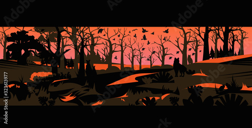 animals silhouettes escaping from forest fires in australia wildfire bushfire burning trees natural disaster concept intense orange flames horizontal vector illustration