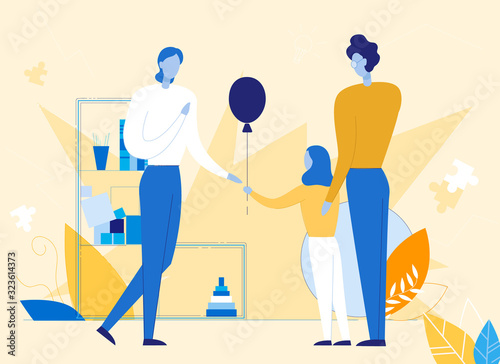 Happy Female Child Congratulating Loving Nursery Teacher in Kindergarten. Cheerful Girl Holding Balloon. Father Hugging Daughter. Greeting on Party Event. Vector Flat Cartoon Illustration