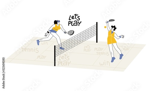 Female flat characters playing tennis on court. Women tennis tournament vector illustration. Girl with racquet starting point, serve shot. Racket sport game professional training