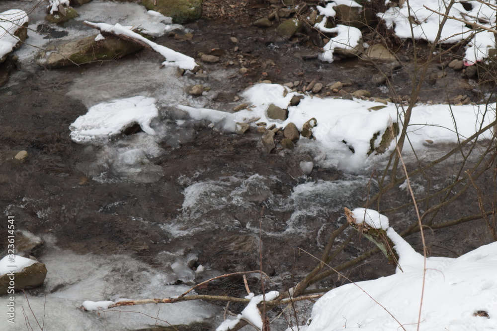 winter snow-covered mountain stream of water winter snow-covered mountain stream of water