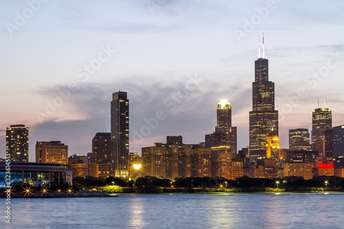 Beautiful view of Chicago skyline with waterfront at twilight  Illinois  USA