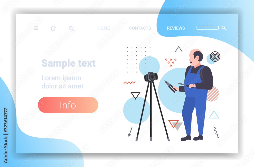 handyman worker with screwdriver and cutting pliers blogger recording online video with digital camera on tripod social network blogging concept full length horizontal copy space vector illustration handyman worker with screwdriver and cutting pliers blogger recording online video with digital camera on tripod social network blogging concept full length horizontal copy space vector illustration