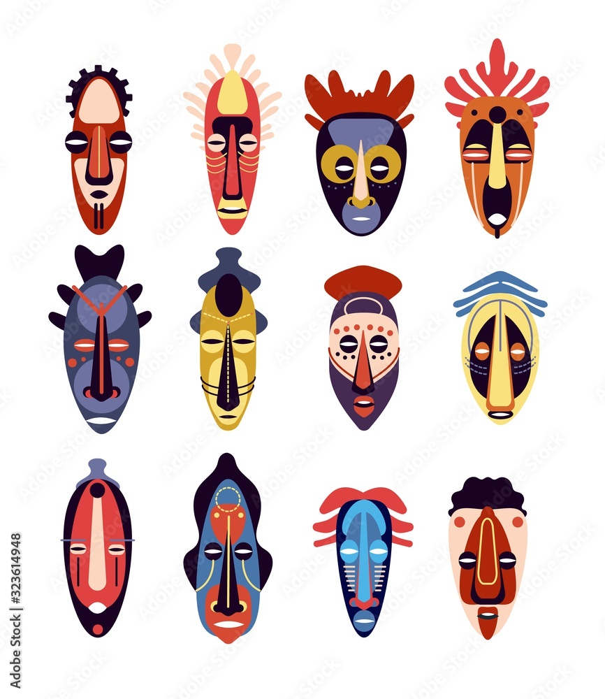 African mask. Traditional ritual or ceremonial ethnic hawaiian, aztec human  face masks, muzzle aboriginal totem, colorful flat vector set. Illustration  ethnic mask, tribal ritual, traditional culture Stock Vector | Adobe Stock