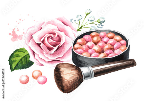 Cosmetic powder balls and makeup brush and rose flower