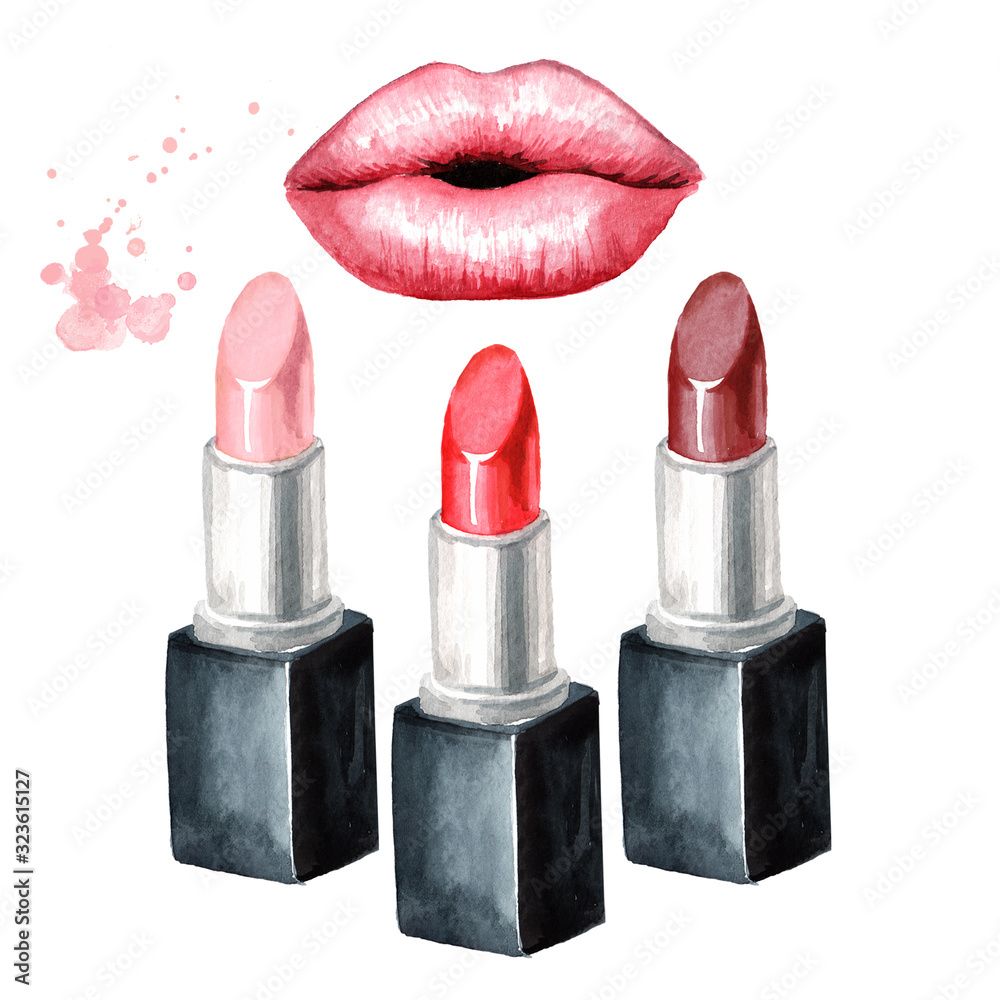 Illustrazione Stock Lipstick in different colors and lips. Make-up concept.  Hand drawn watercolor horizontal illustration, isolated on white background  | Adobe Stock