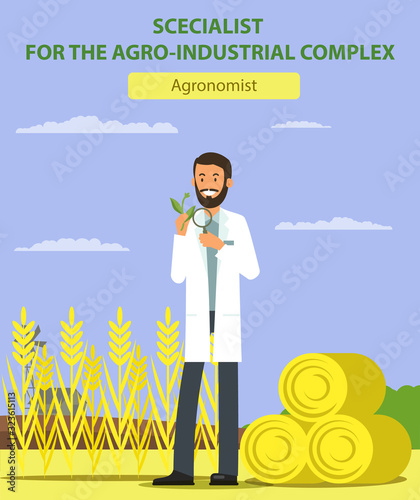 Man Examines Plant through Magnifying Glass on Field. Agronomist. Specialist for Agro-Industrial Complex. Man in White Coat. Vector Illustration. Competitive Workplace. Recruitment Agency.