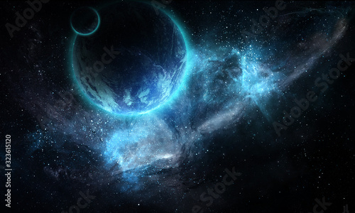 cosmic abstract illustration, blue planet earth and nebula