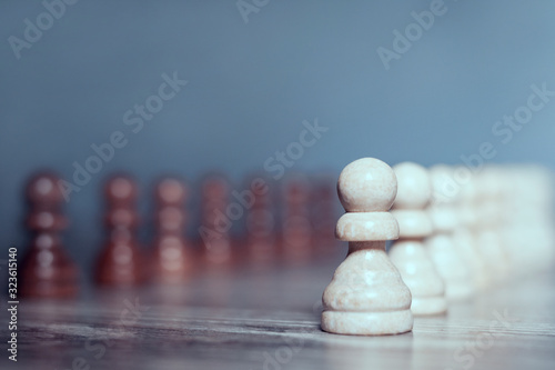 The concept of teamwork and competition.  Chess pawns in two rows opposite each other.