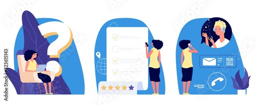 Question metaphor. Web support vector concept. Young girl has question. Woman looking answer, surfs internet, reads info, calls to help centre. Woman ask, support communication concept illustration