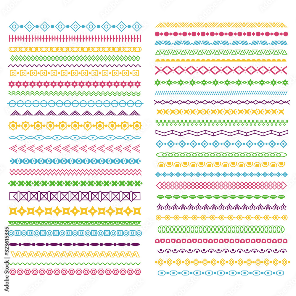 Line borders. Color pattern dividers with lines, circles and squares ...