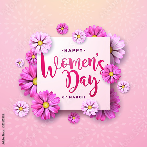 8 March. Happy Womens Day Floral Greeting card. International Holiday Illustration with Flower Design on Pink Background. Vector Spring Template. © articular