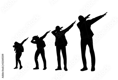 Silhouettes of a girl and three guys who raise one hand and the other cover their face isolated on a white background.