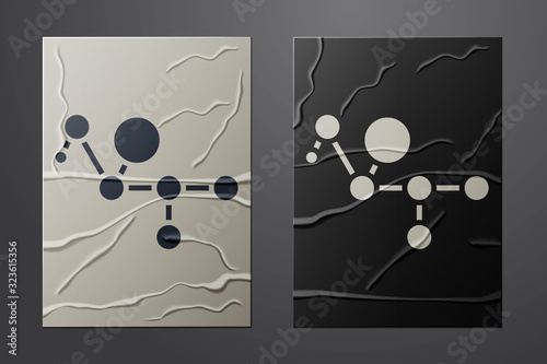 White Cannabis molecule icon isolated on crumpled paper background. Cannabidiol molecular structures, THC and CBD formula. Marijuana or cannabis. Paper art style. Vector Illustration